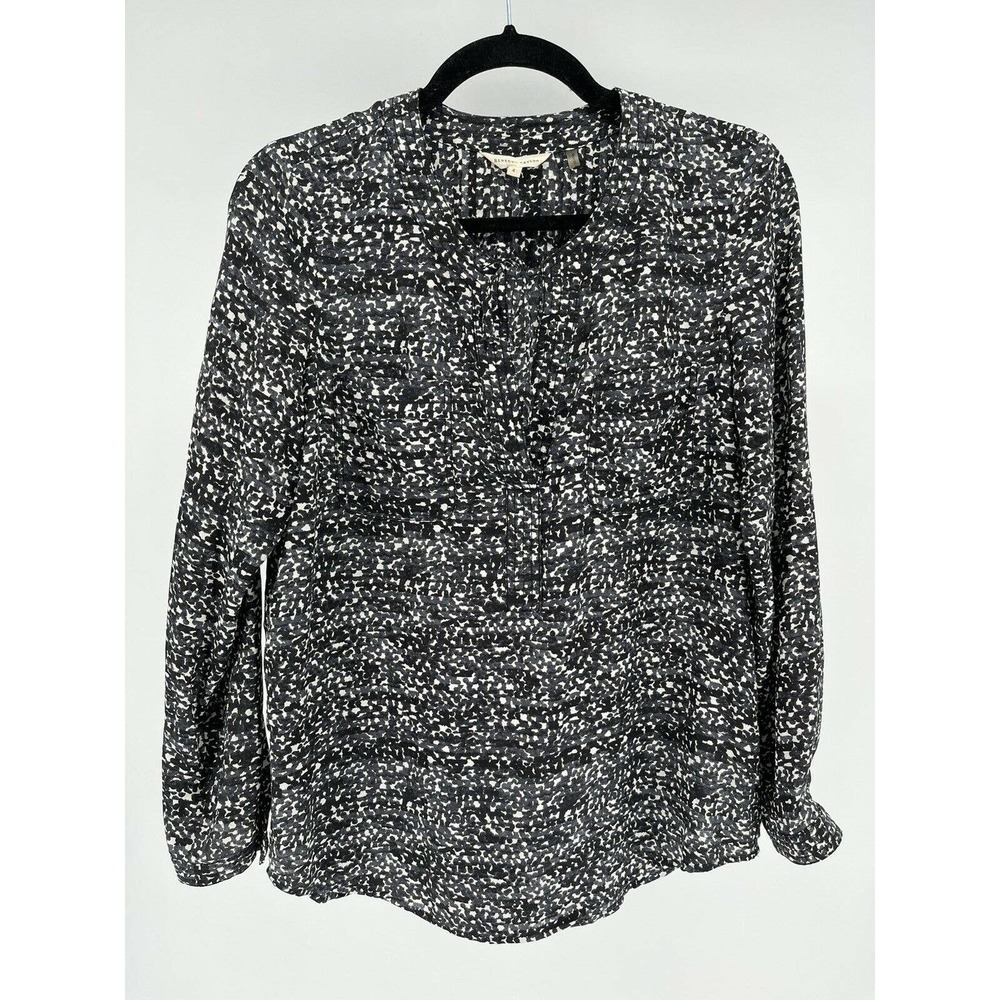 Rebecca Taylor Silk Blouse Black Gray Ivory Abstract Split V Tie Popover Size 4